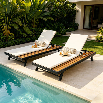 Black Iron and Teak Outdoor Chaise Lounge Set