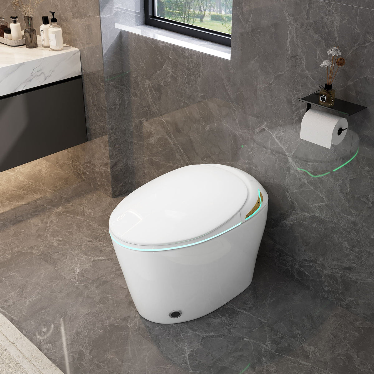 Smart toilet with ceramic bidet in white porcelain with teal LED ring in marble bathroom on Tampa Home & Garden Store
