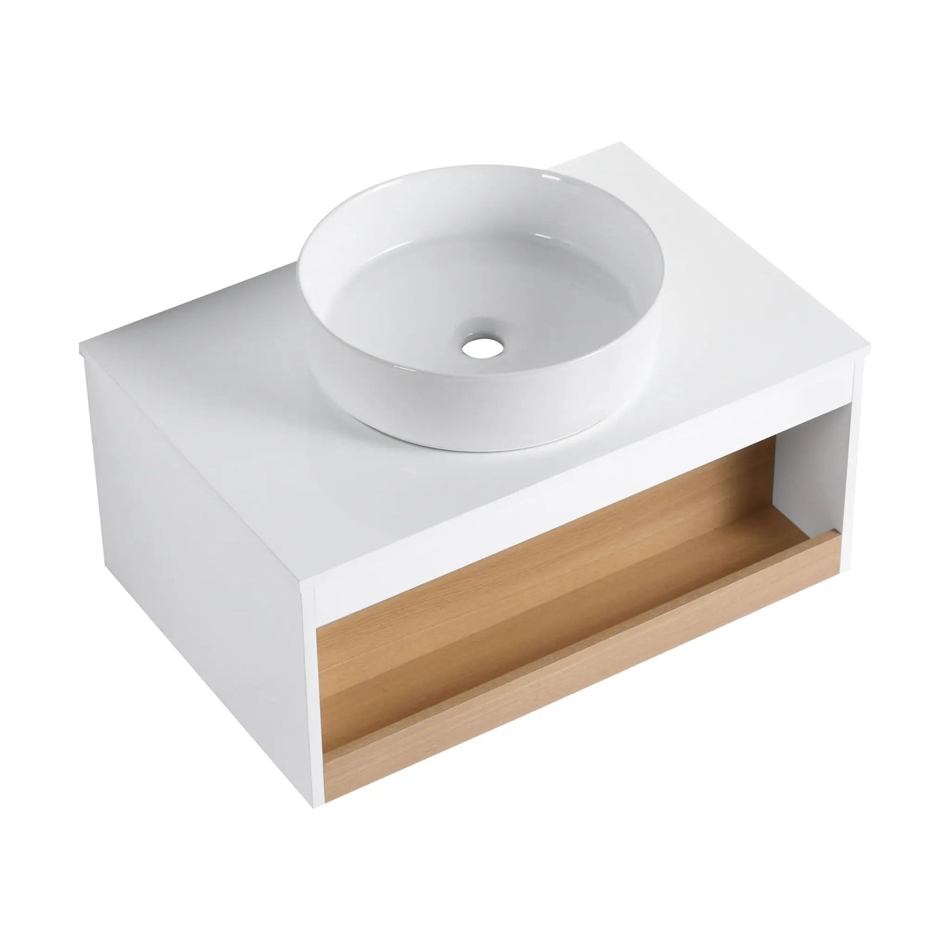 Floating bathroom vanity with glossy round vessel sink, white finish and open natural wood shelf on Tampa Home & Garden Store