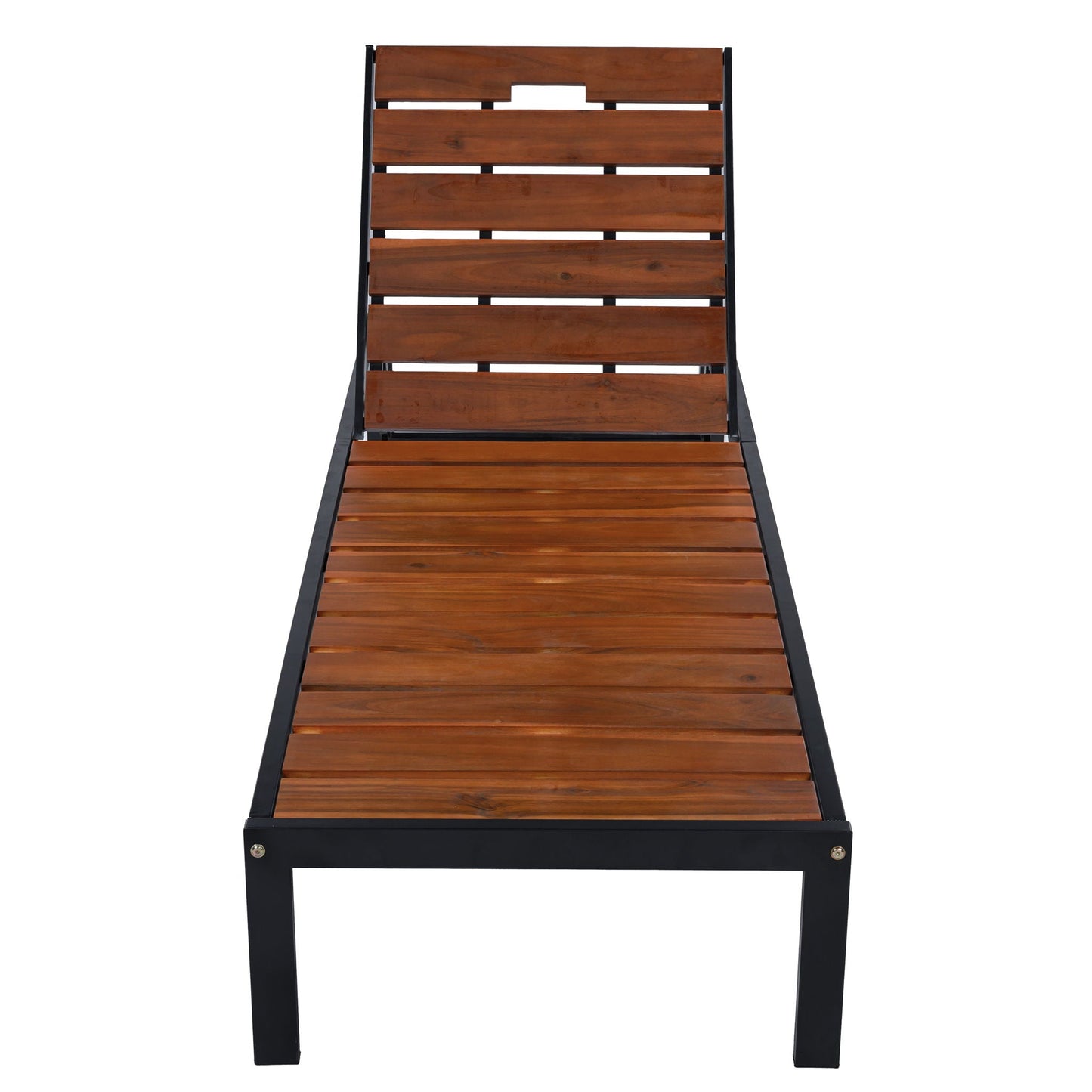 Outdoor Chaise With Adjustable Backrest, teak wood slats, black metal frame on Tampa Home & Garden Store