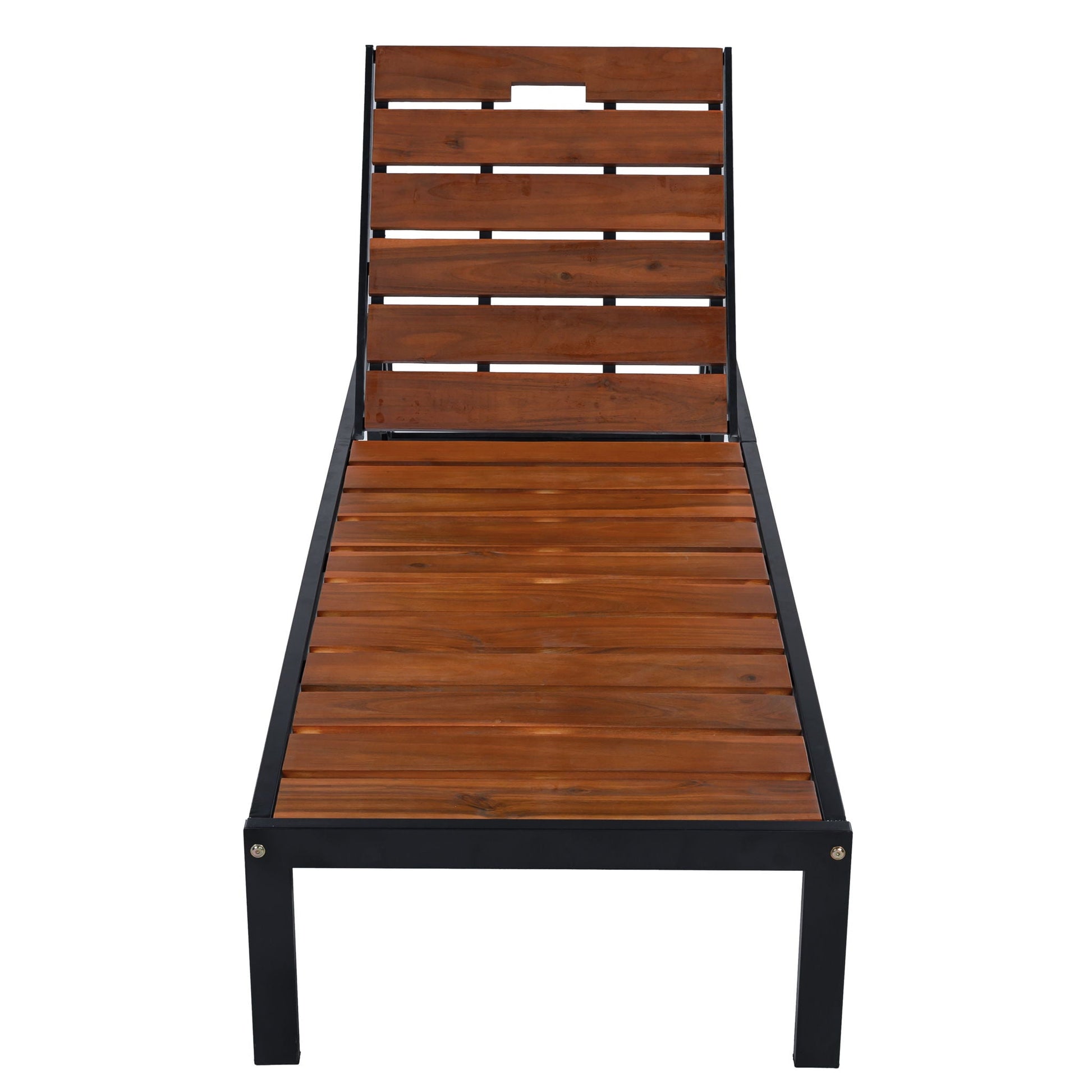 Outdoor Chaise With Adjustable Backrest, teak wood slats, black metal frame on Tampa Home & Garden Store