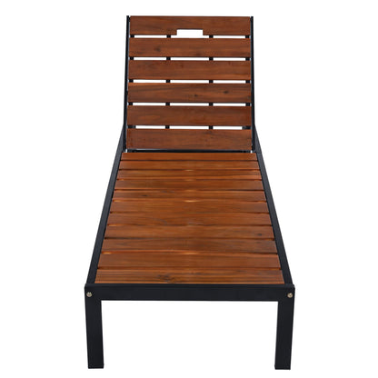 Outdoor Chaise With Adjustable Backrest, teak wood slats, black metal frame on Tampa Home & Garden Store