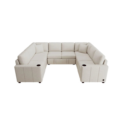 Convertible U-shaped sectional sofa with pull-out bed in beige fabric, 2-piece set on Tampa Home & Garden Store