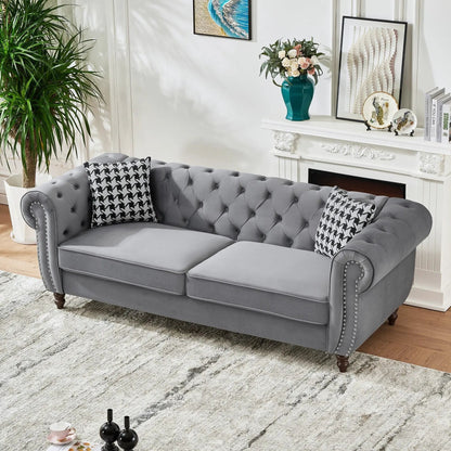 Chesterfield Sofa gray velvet with roll arms and nailhead trim by Unique Piece Furniture on Tampa Home & Garden Store