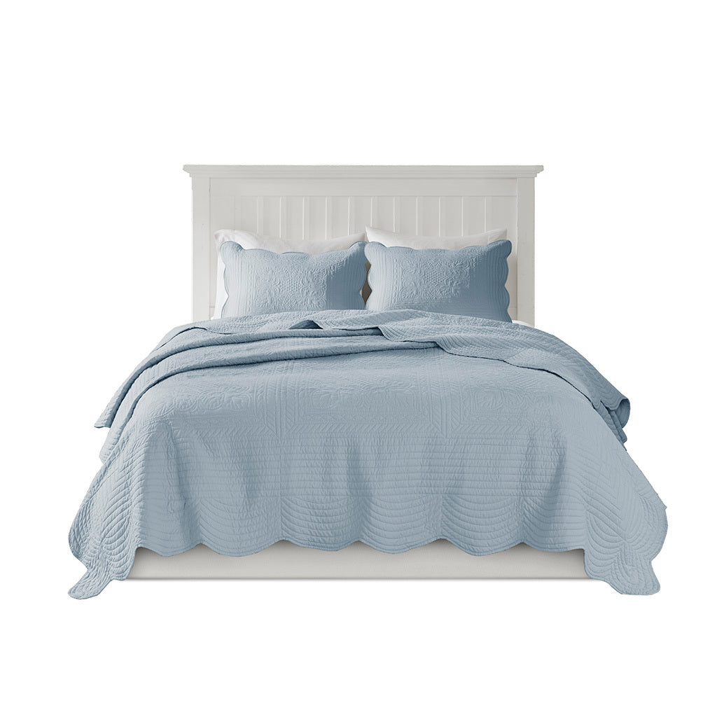 3 Piece Reversible Scalloped Edge Quilt Set Blue King/Cal King with matching shams on white bed on Tampa Home & Garden Store