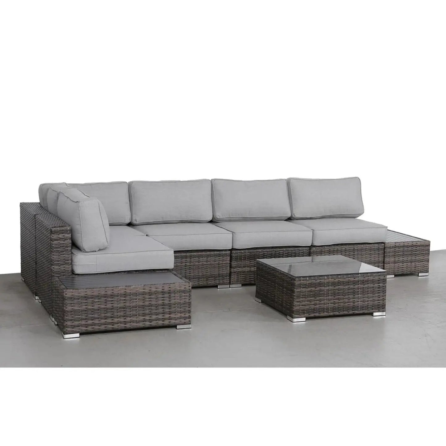 Wicker outdoor sectional with light gray cushions, 4-piece set with glass-top coffee table on Tampa Home & Garden Store