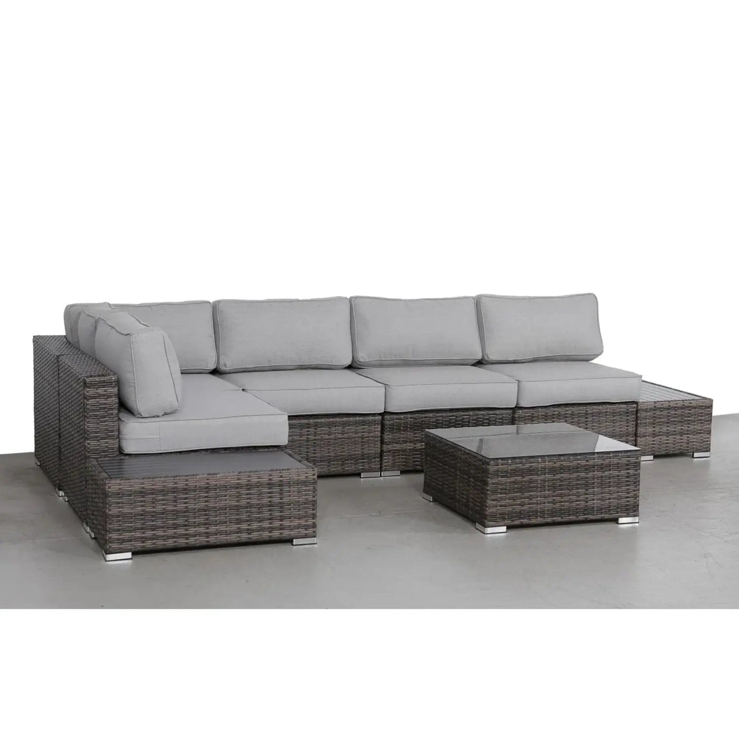 Wicker outdoor sectional with light gray cushions, 4-piece set with glass-top coffee table on Tampa Home & Garden Store