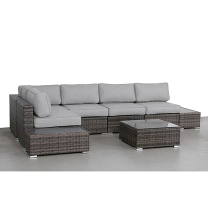 Wicker outdoor sectional with light gray cushions, 4-piece set with glass-top coffee table on Tampa Home & Garden Store