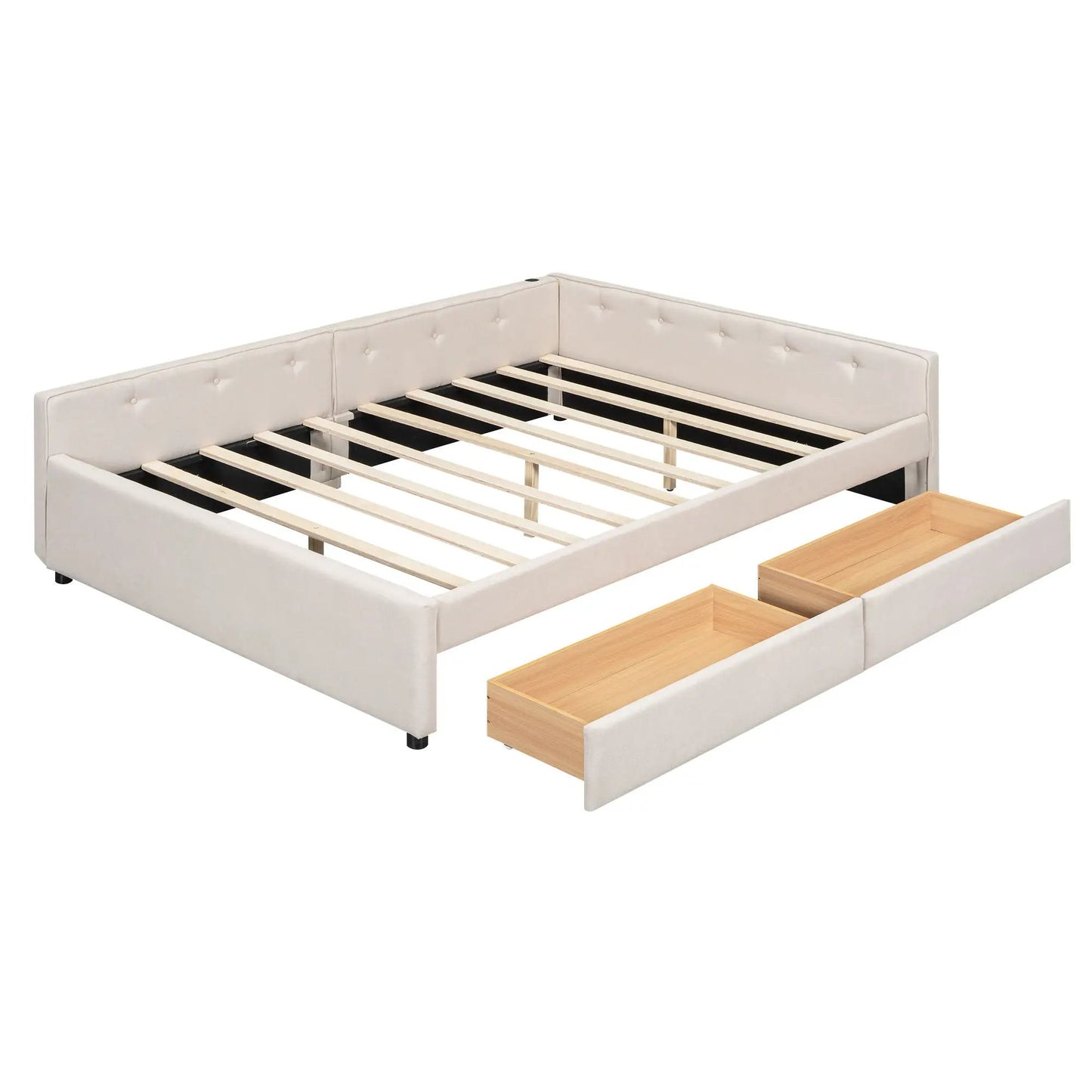 Platform bed with USB ports, beige upholstered, storage drawers, Unique Piece Furniture on Tampa Home & Garden Store