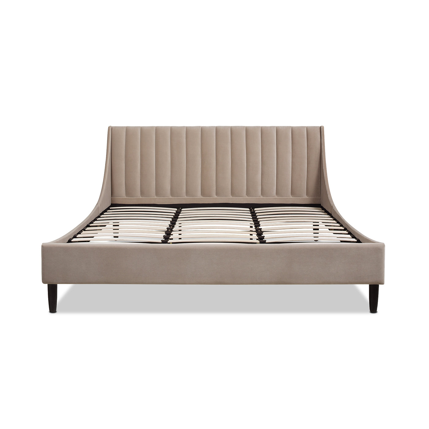 HouseOfZazla Aspen king platform bed in mink beige velvet, vertical tufted headboard, dark legs on Tampa Home & Garden Store