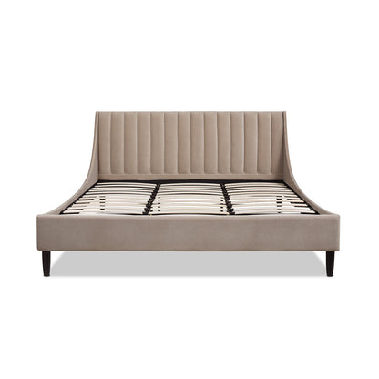 HouseOfZazla Aspen king platform bed in mink beige velvet, vertical tufted headboard, dark legs on Tampa Home & Garden Store