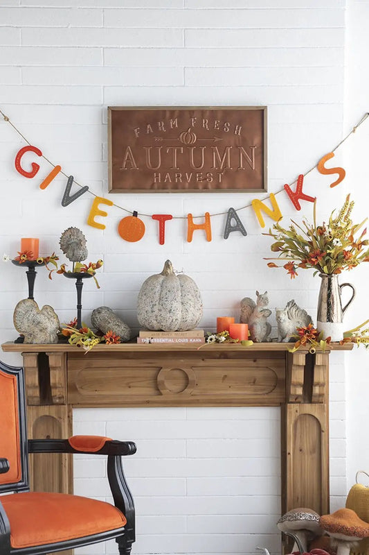 Give Thanks banner set orange multicolor harvest garland on rustic mantel on Tampa Home & Garden Store