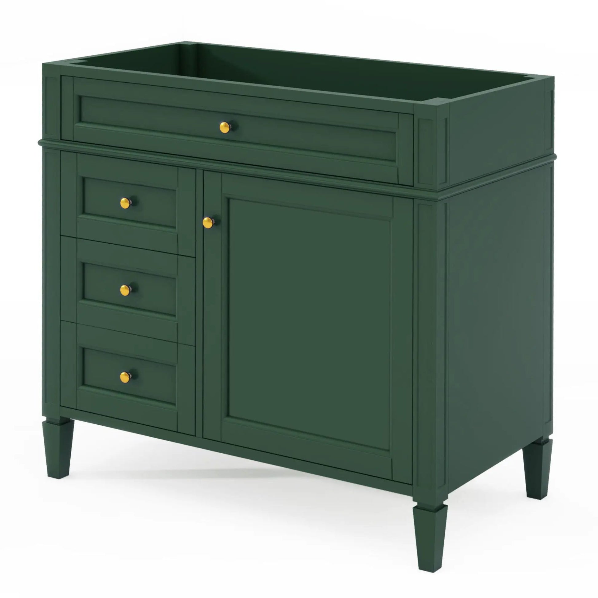 Green bathroom vanity base with drawers and tip-out drawer by Unique Piece Furniture, gold knobs on Tampa Home & Garden Store