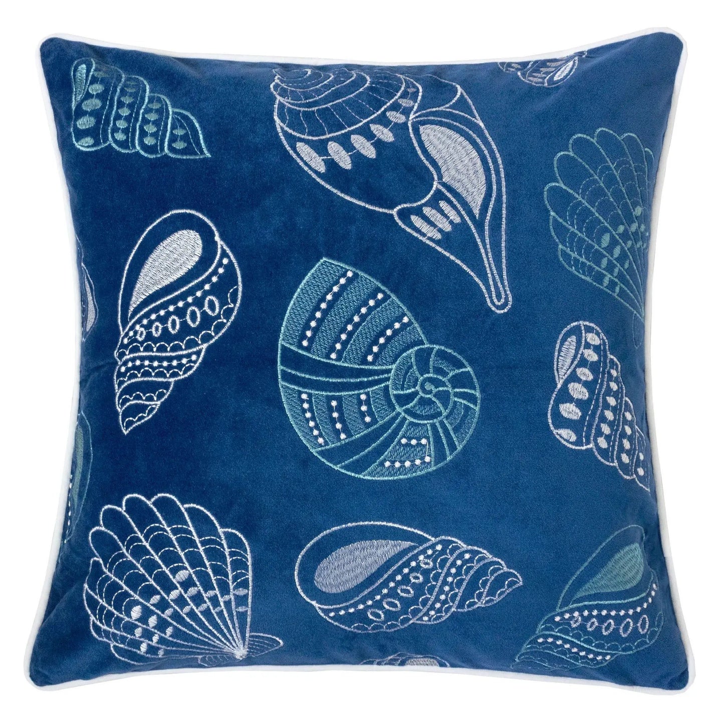 Seashells pillow cover in blue with white shell embroidery, accent pillow on Tampa Home & Garden Store