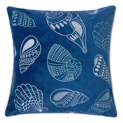 Seashells pillow cover in blue with white shell embroidery, accent pillow on Tampa Home & Garden Store