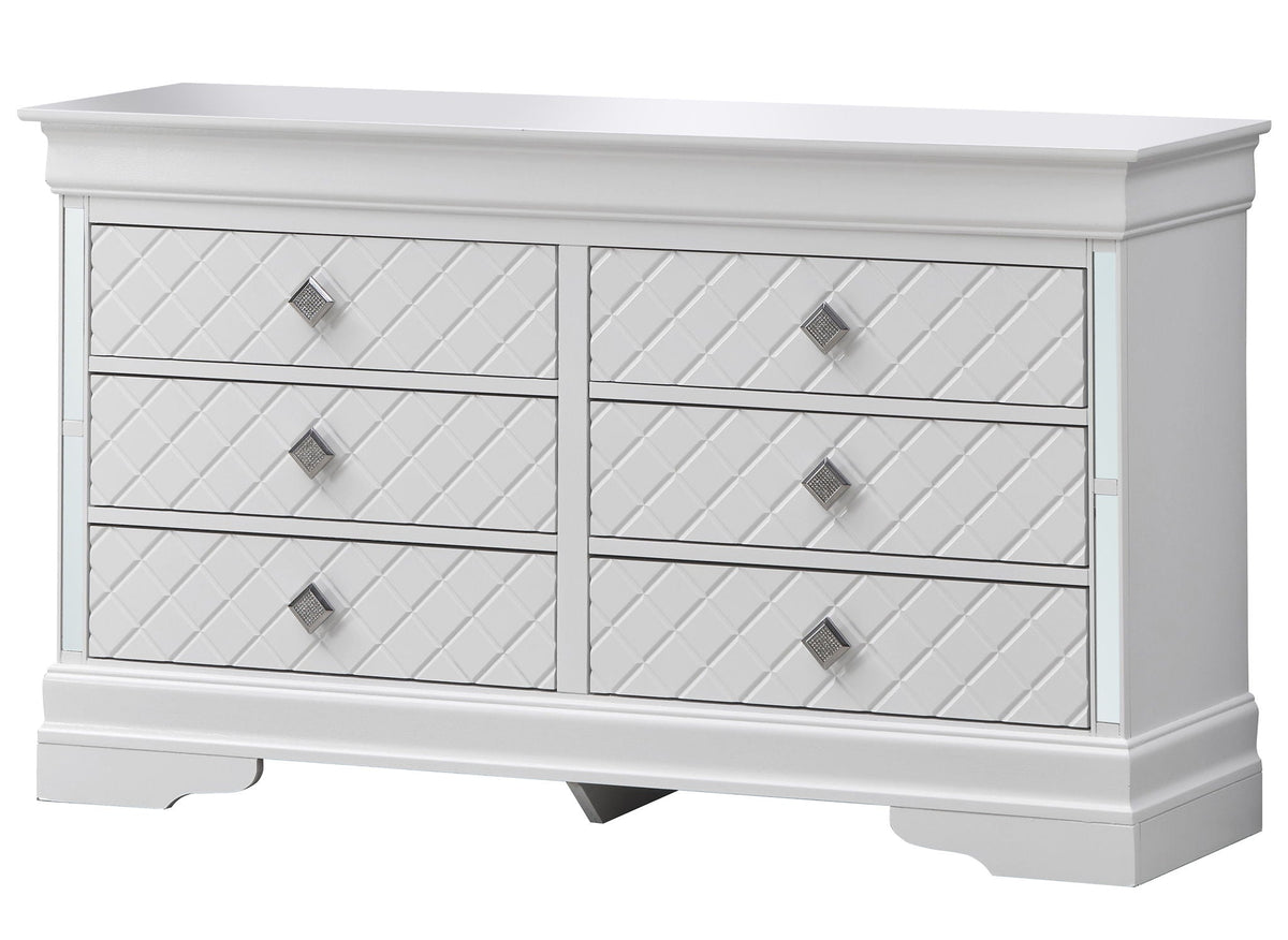 Silver champagne dresser by HouseOfZazla with embossed X pattern fronts and crystal knobs on Tampa Home & Garden Store