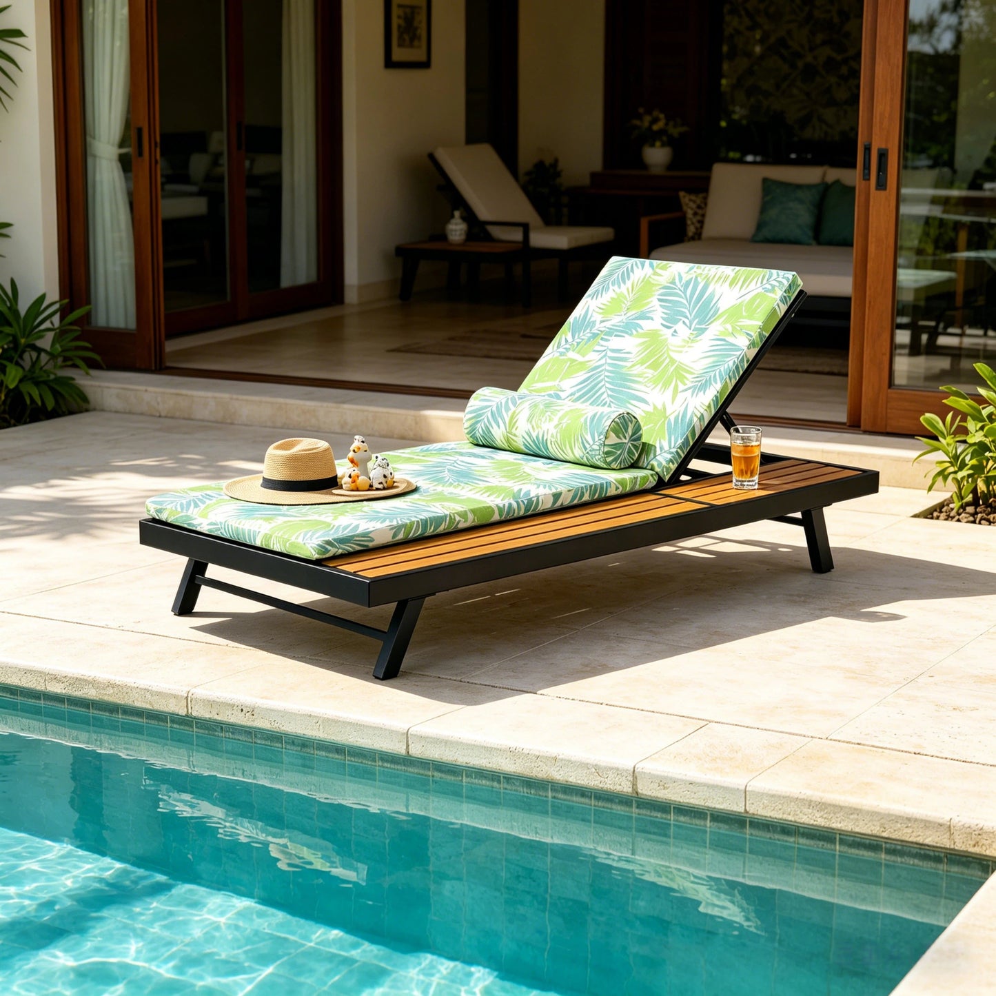 Black Iron and Teak Outdoor Chaise Lounge Set