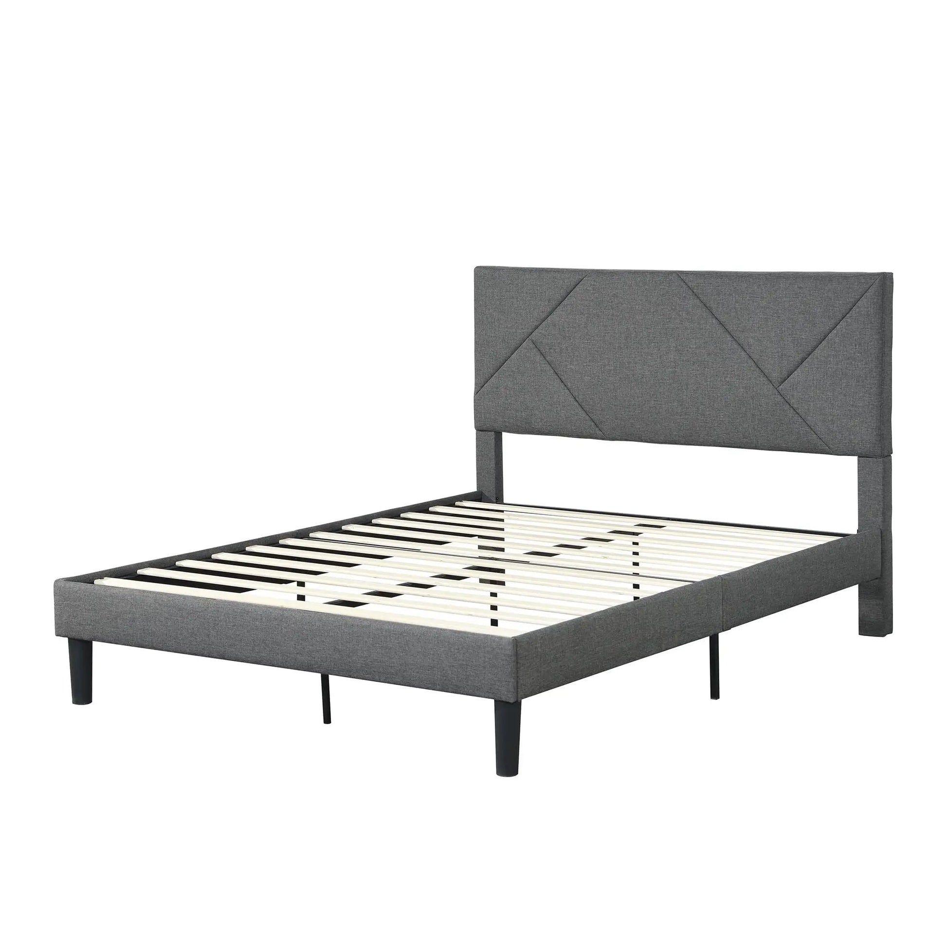 Gray upholstered platform bed with tufted headboard and wood slat support Unique Piece Furniture on Tampa Home & Garden Store