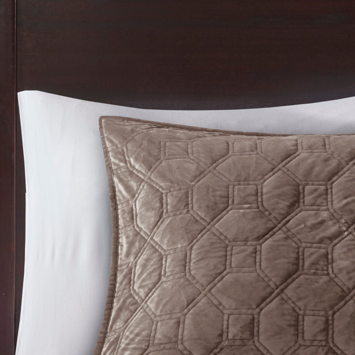 3 Piece Velvet Quilt Set Taupe Full/Queen with geometric quilting on taupe velvet bedspread on Tampa Home & Garden Store