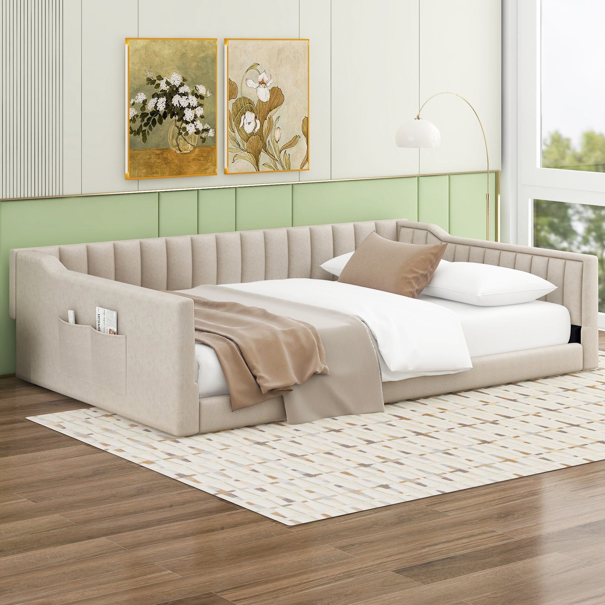 Daybed with side storage pocket in beige fabric, tufted sides by Unique Piece Furniture on Tampa Home & Garden Store