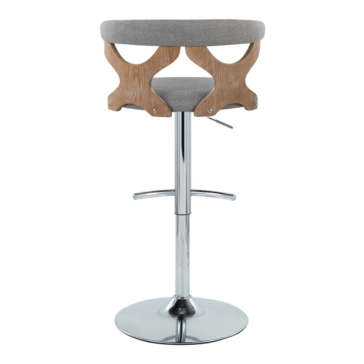 Contemporary adjustable swivel barstool gray fabric seat with curved wooden legs chrome base on Tampa Home & Garden Store