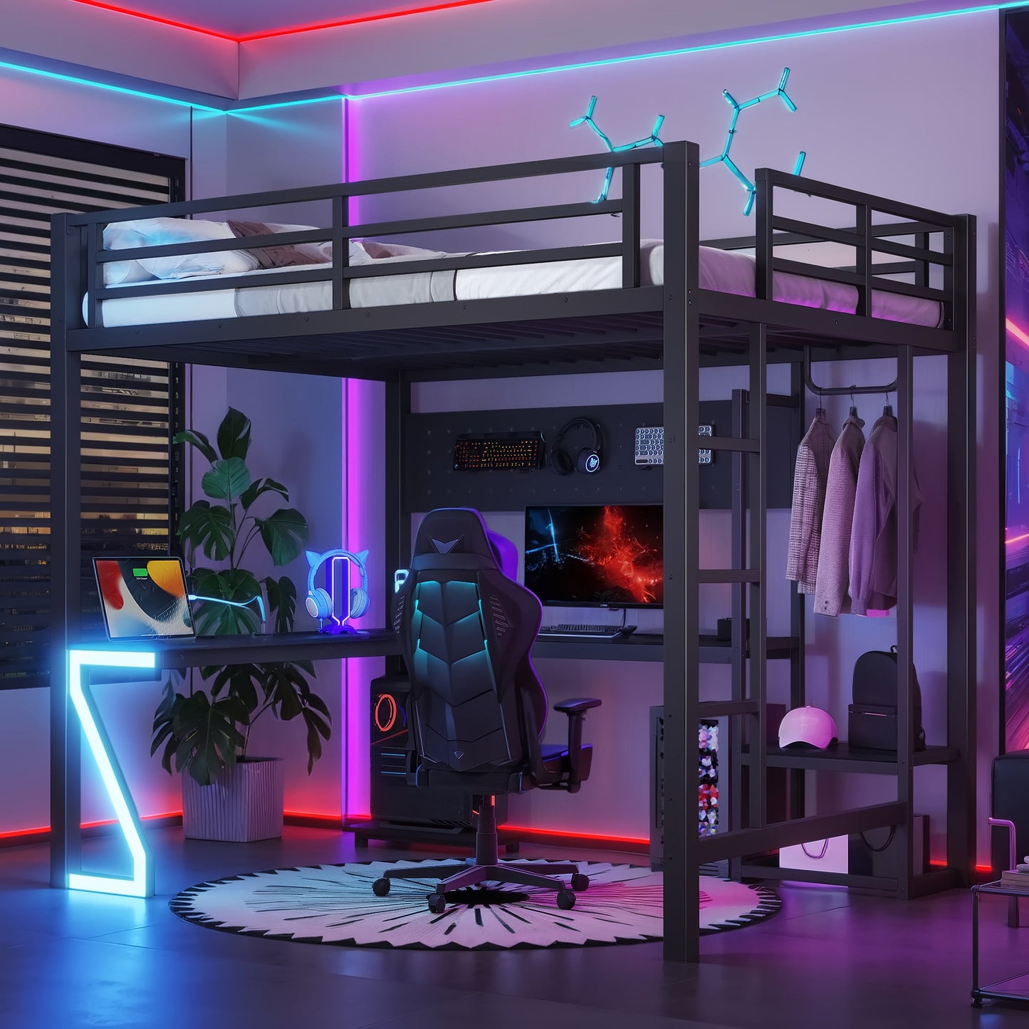 Full loft bed with L-shaped desk in dark gray metal frame, USB ports and RGB lighting HouseOfZazla on Tampa Home & Garden Store