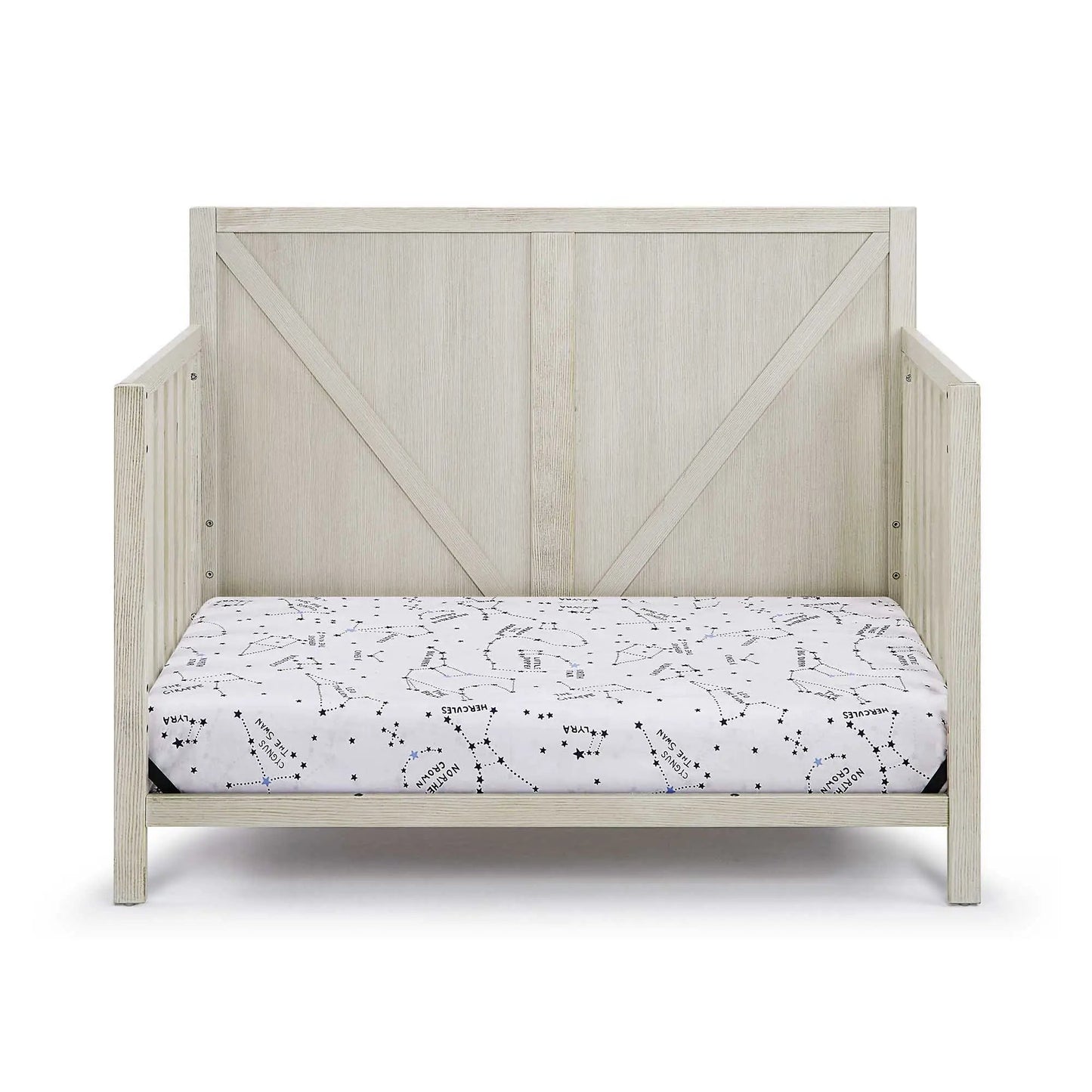Barnside 4-in-1 Convertible Crib, Unique Piece Furniture, grey wood with diagonal braces on Tampa Home & Garden Store