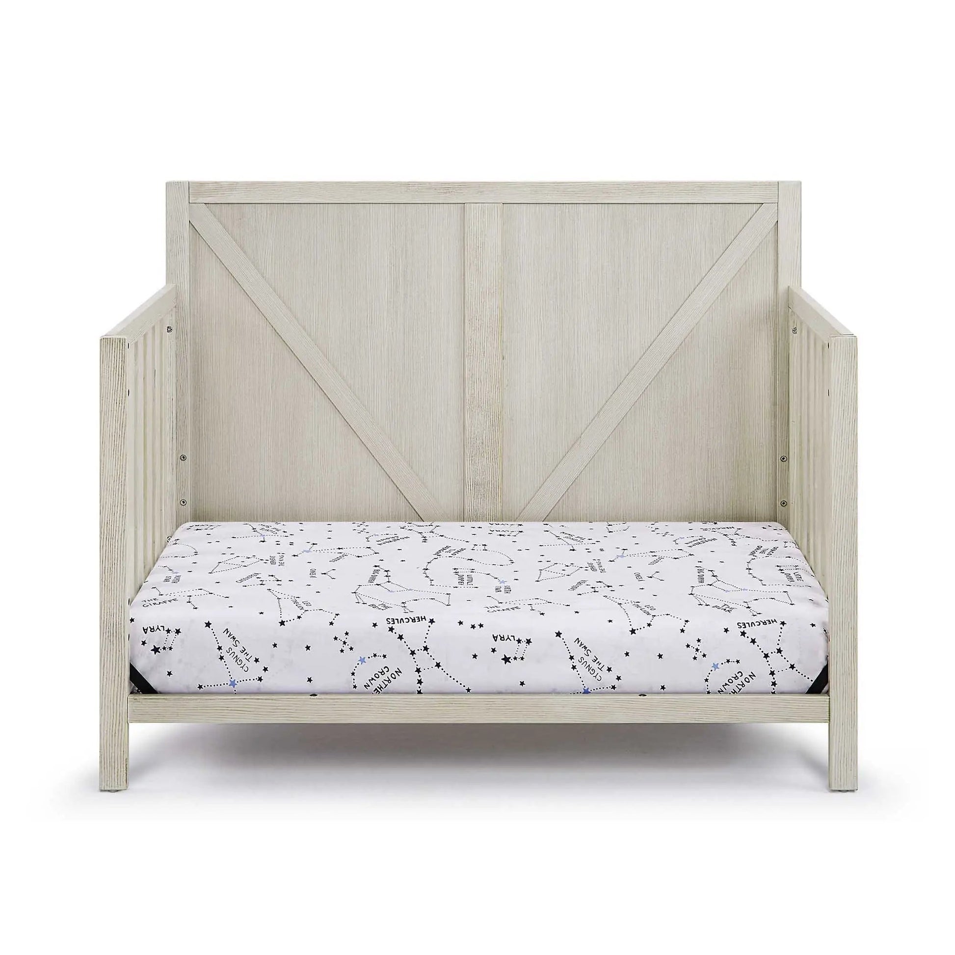 Barnside 4-in-1 Convertible Crib, Unique Piece Furniture, grey wood with diagonal braces on Tampa Home & Garden Store