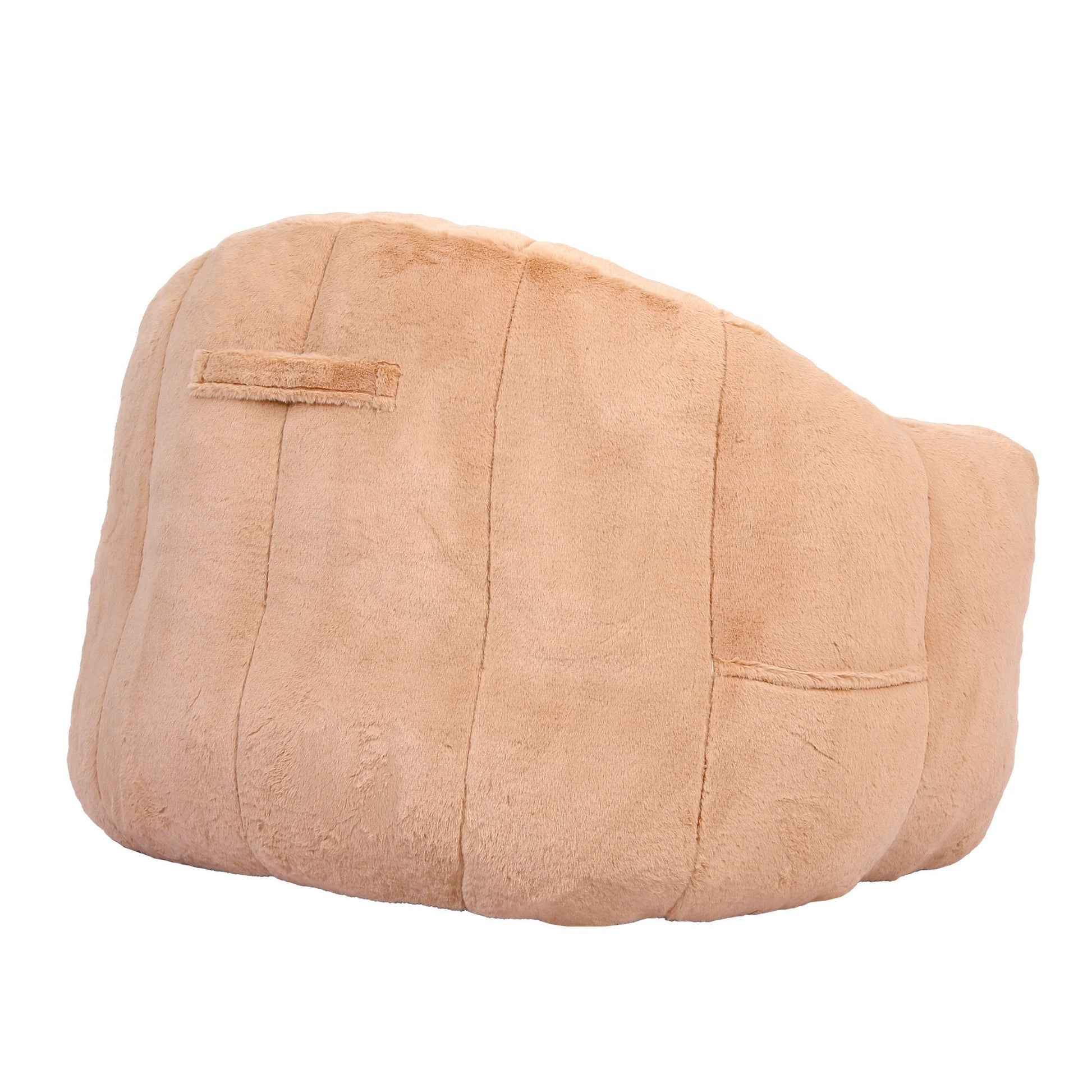 Beanbag chair with armrests in beige plush fabric, visible stitching on soft rounded form on Tampa Home & Garden Store