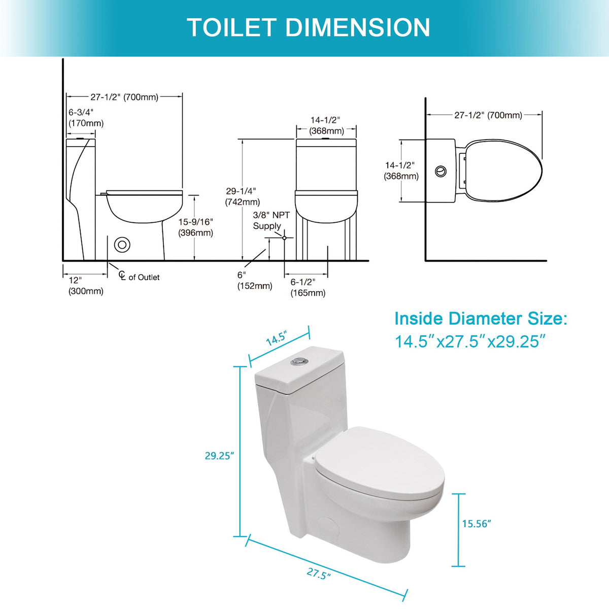 1-Piece white toilet with dual flush and soft-closing seat by HouseOfZazla; dimension diagram on Tampa Home & Garden Store