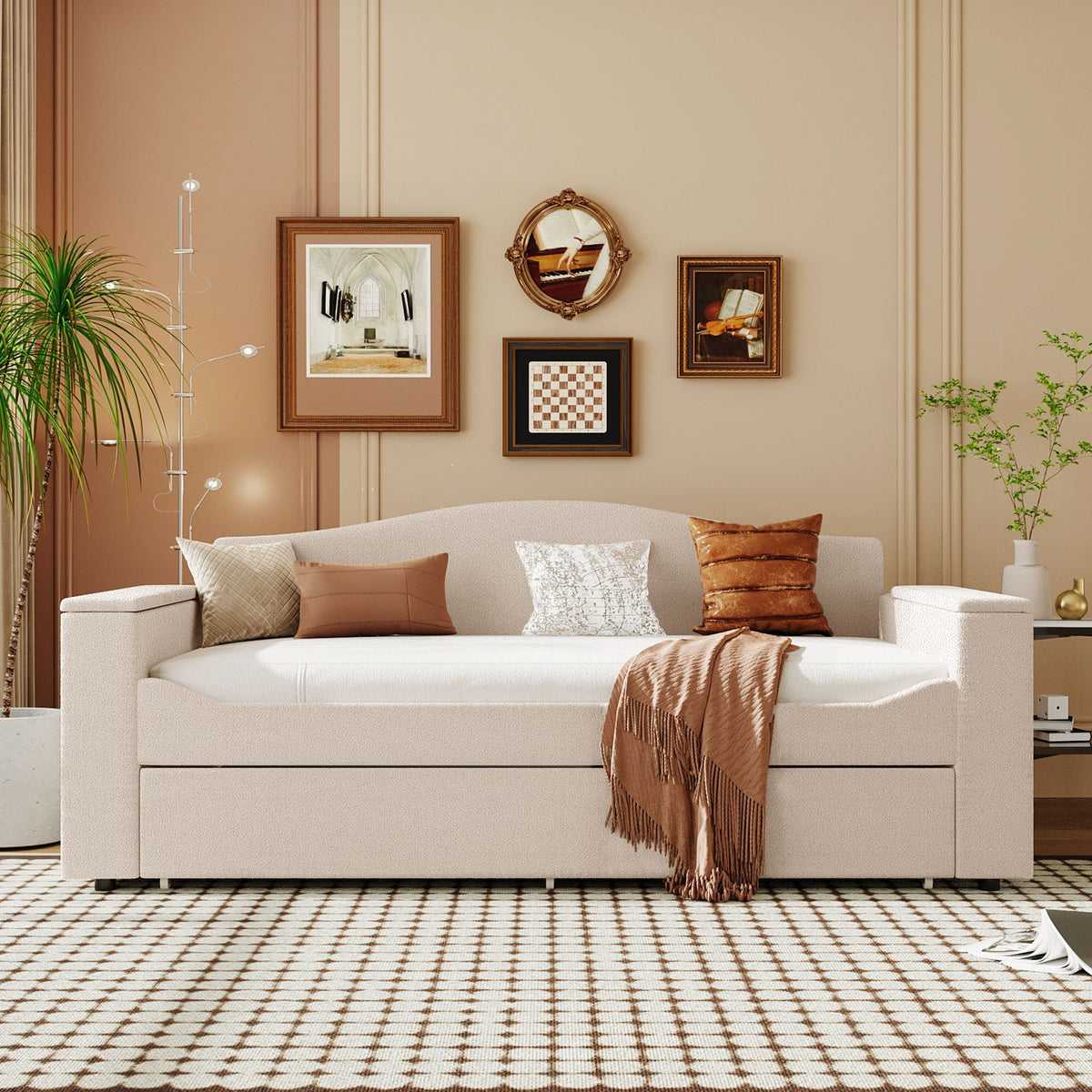 Upholstered beige daybed with storage armrests and drawers HouseOfZazla on Tampa Home & Garden Store