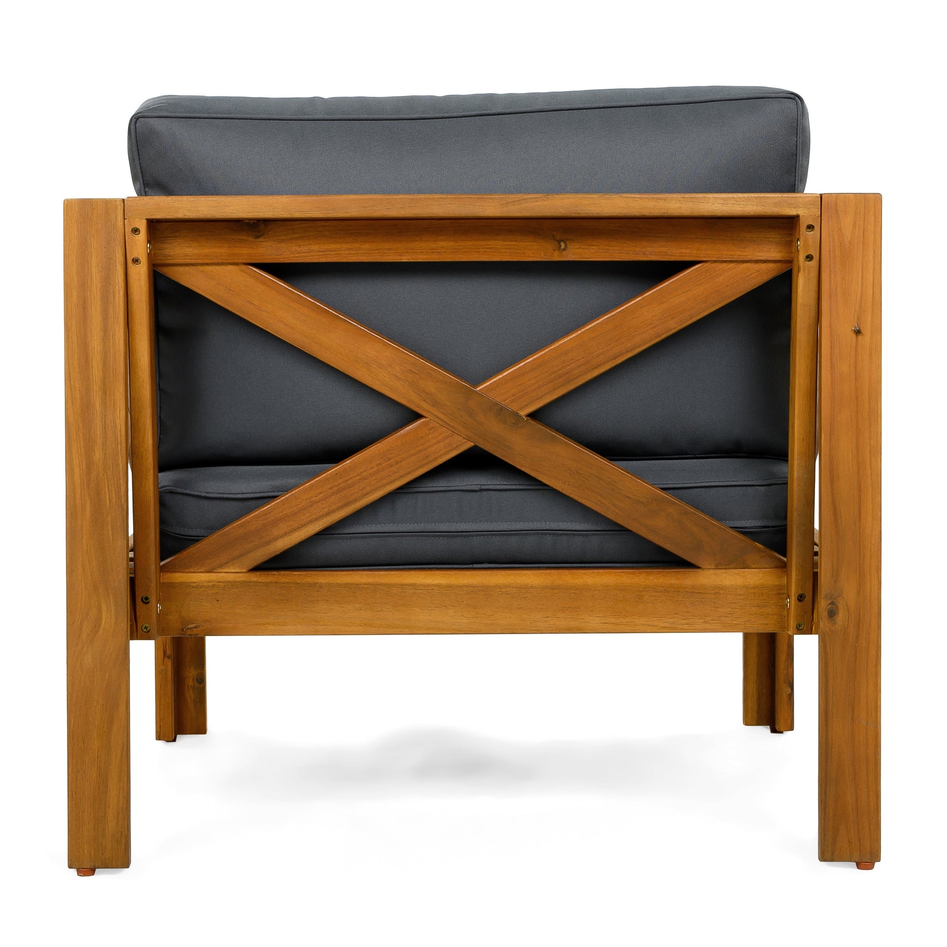Patio conversation chair with acacia wood frame and dark gray cushion on Tampa Home & Garden Store