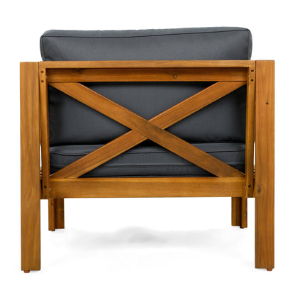 Patio conversation chair with acacia wood frame and dark gray cushion on Tampa Home & Garden Store