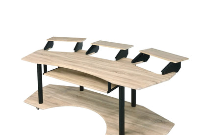 Eleazar wood music recording studio desk with three elevated shelves on black brackets on Tampa Home & Garden Store