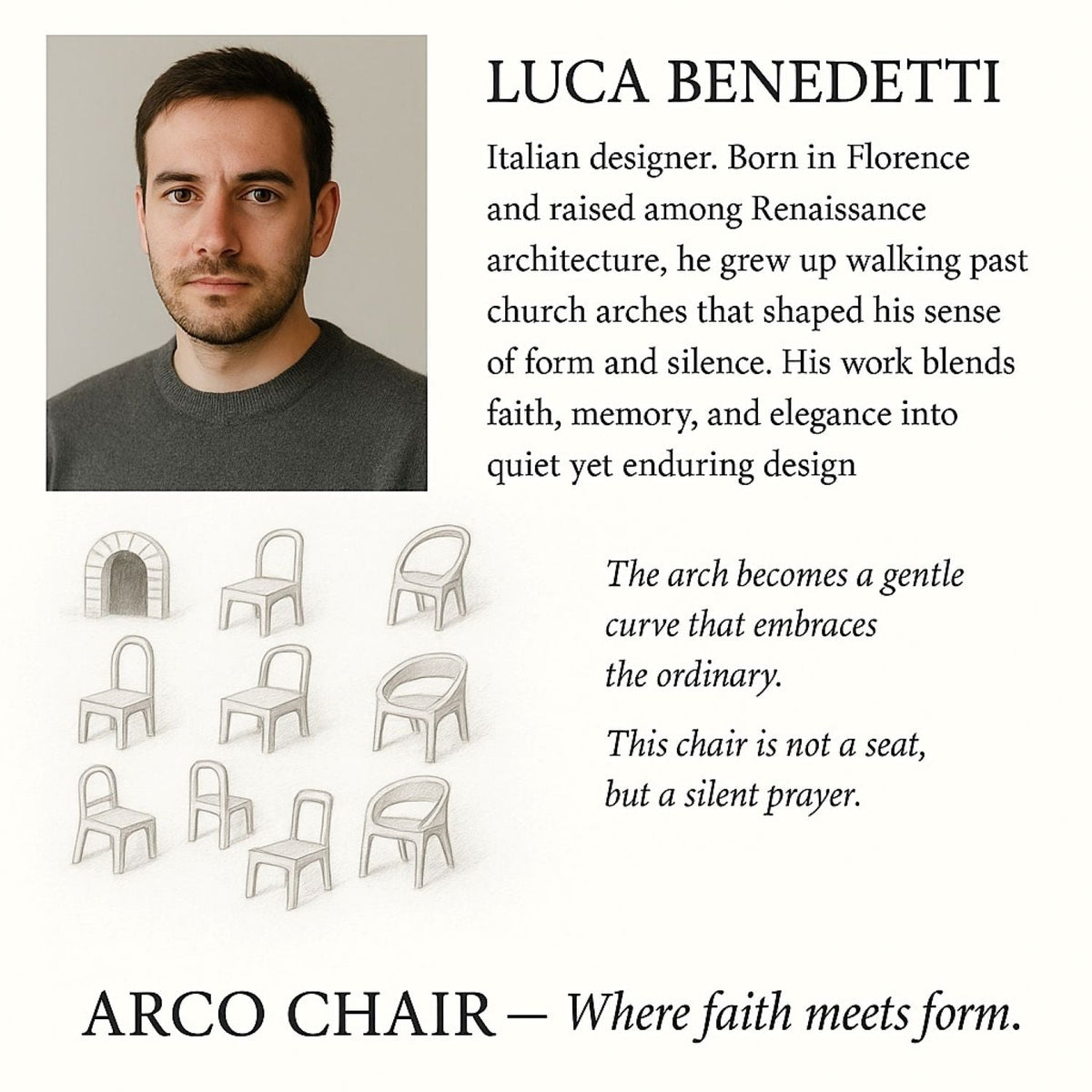 ARCO CHAIR design sketches with Luca Benedetti portrait and designer bio on a typography layout on Tampa Home & Garden Store
