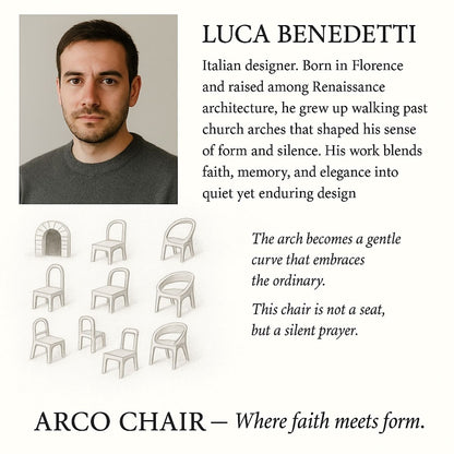 ARCO CHAIR design sketches with Luca Benedetti portrait and designer bio on a typography layout on Tampa Home & Garden Store