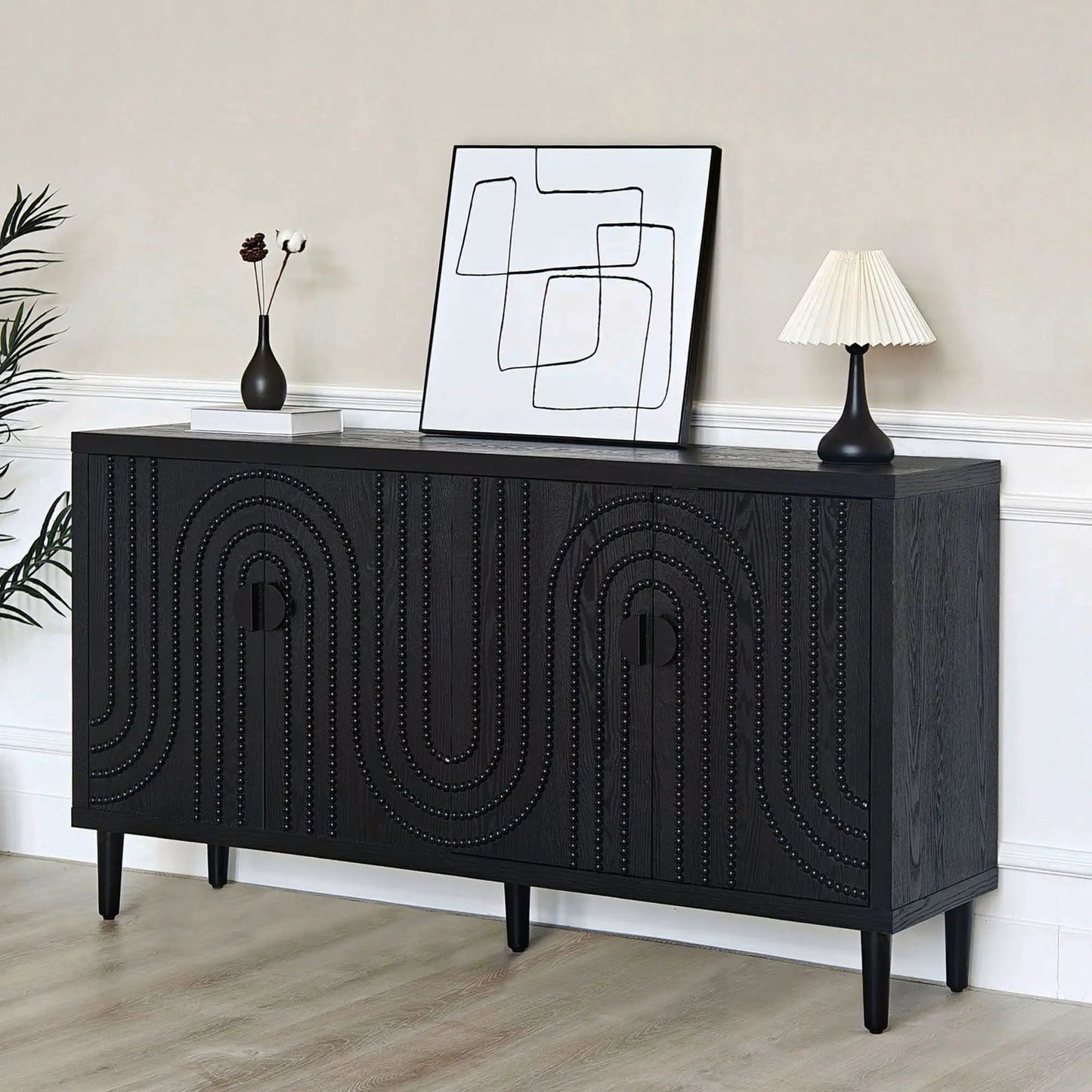 Modern black sideboard cabinet with decorative nailhead beadboard, abstract line-art on top on Tampa Home & Garden Store