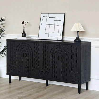 Modern black sideboard cabinet with decorative nailhead beadboard, abstract line-art on top on Tampa Home & Garden Store