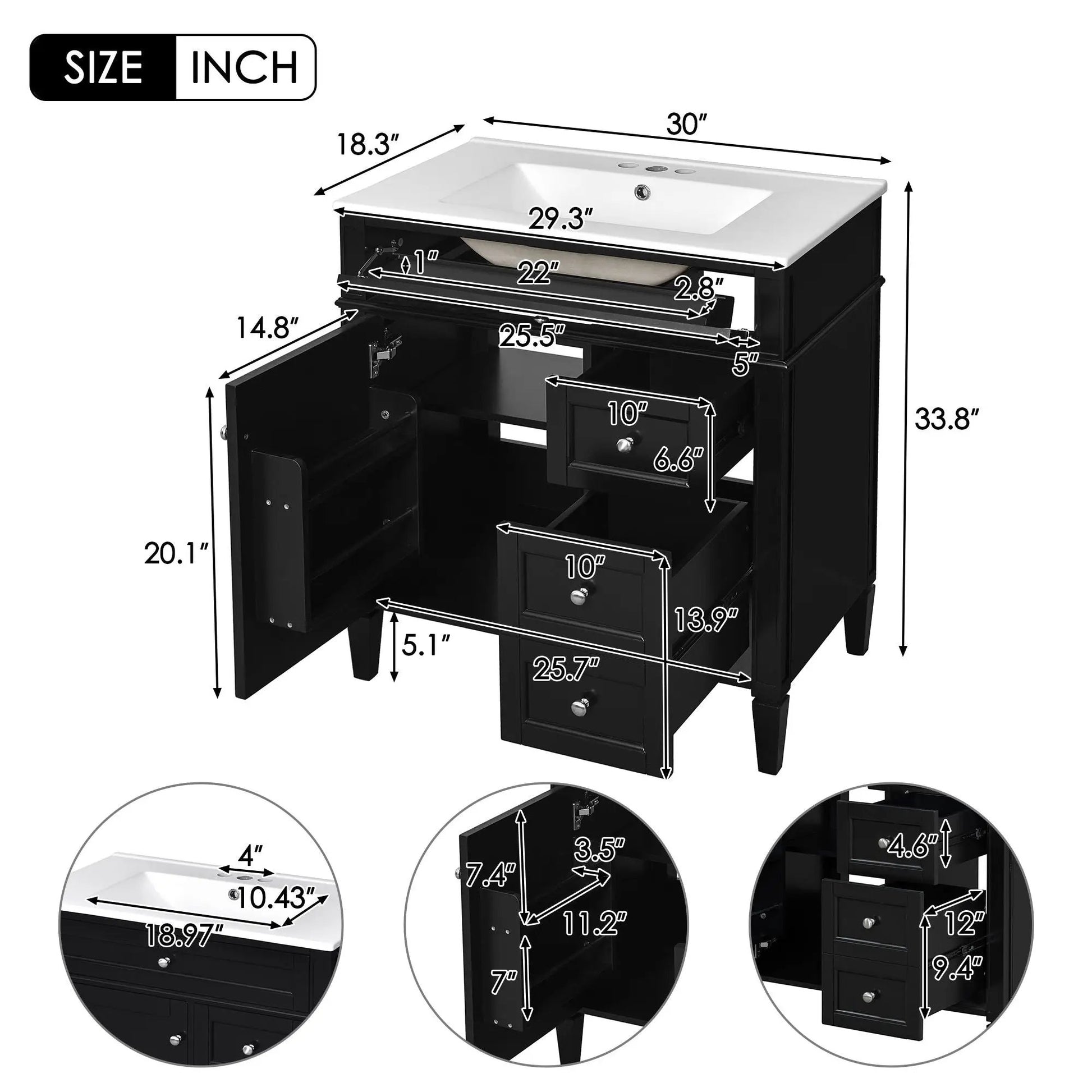 Bathroom Vanity With Top Sink, 2 Drawers & Tip Out Drawer, black, by Unique Piece Furniture on Tampa Home & Garden Store