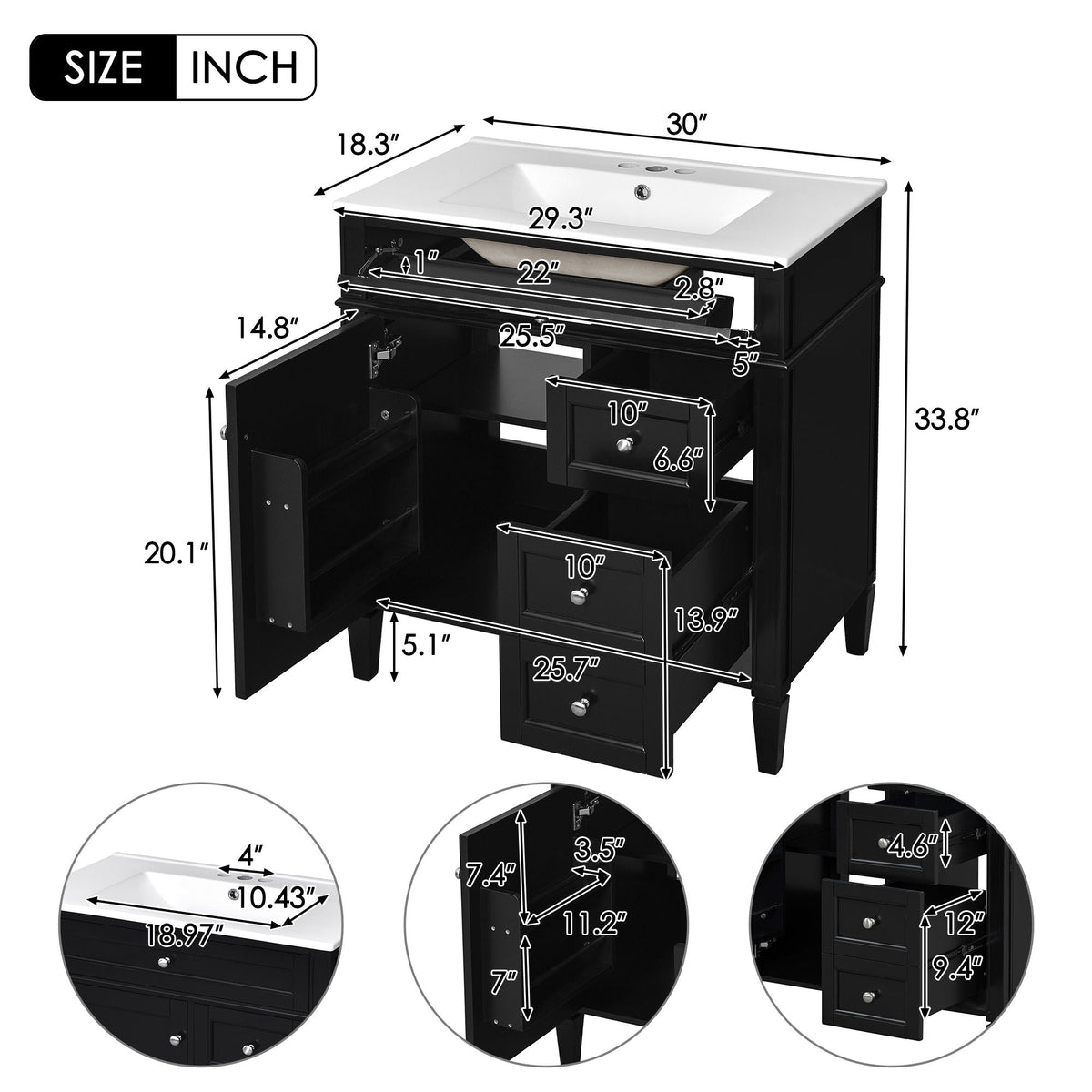 Bathroom vanity with white ceramic top sink and storage drawers, black cabinet by HouseOfZazla on Tampa Home & Garden Store