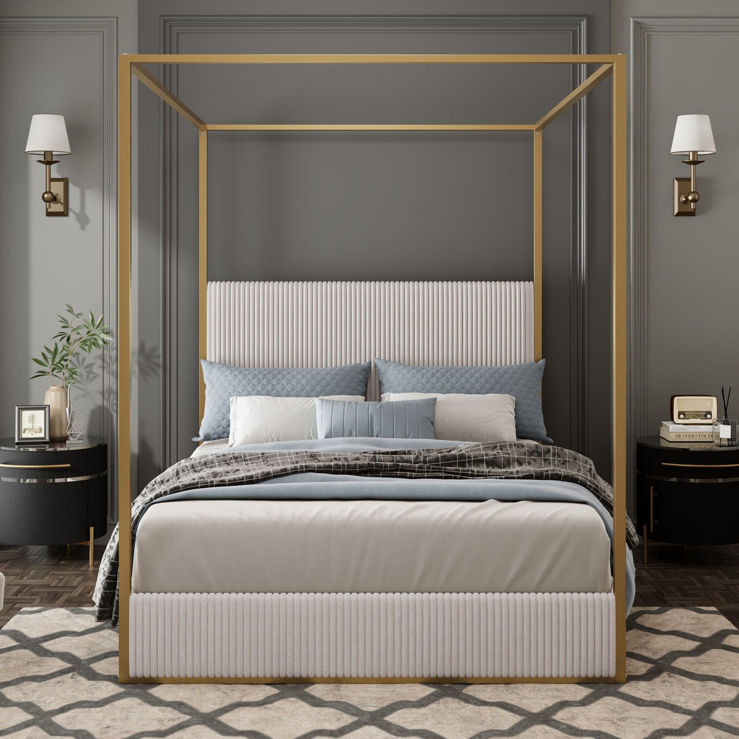 Luxury canopy bed with upholstered headboard, gold metal frame and grey bedding on Tampa Home & Garden Store
