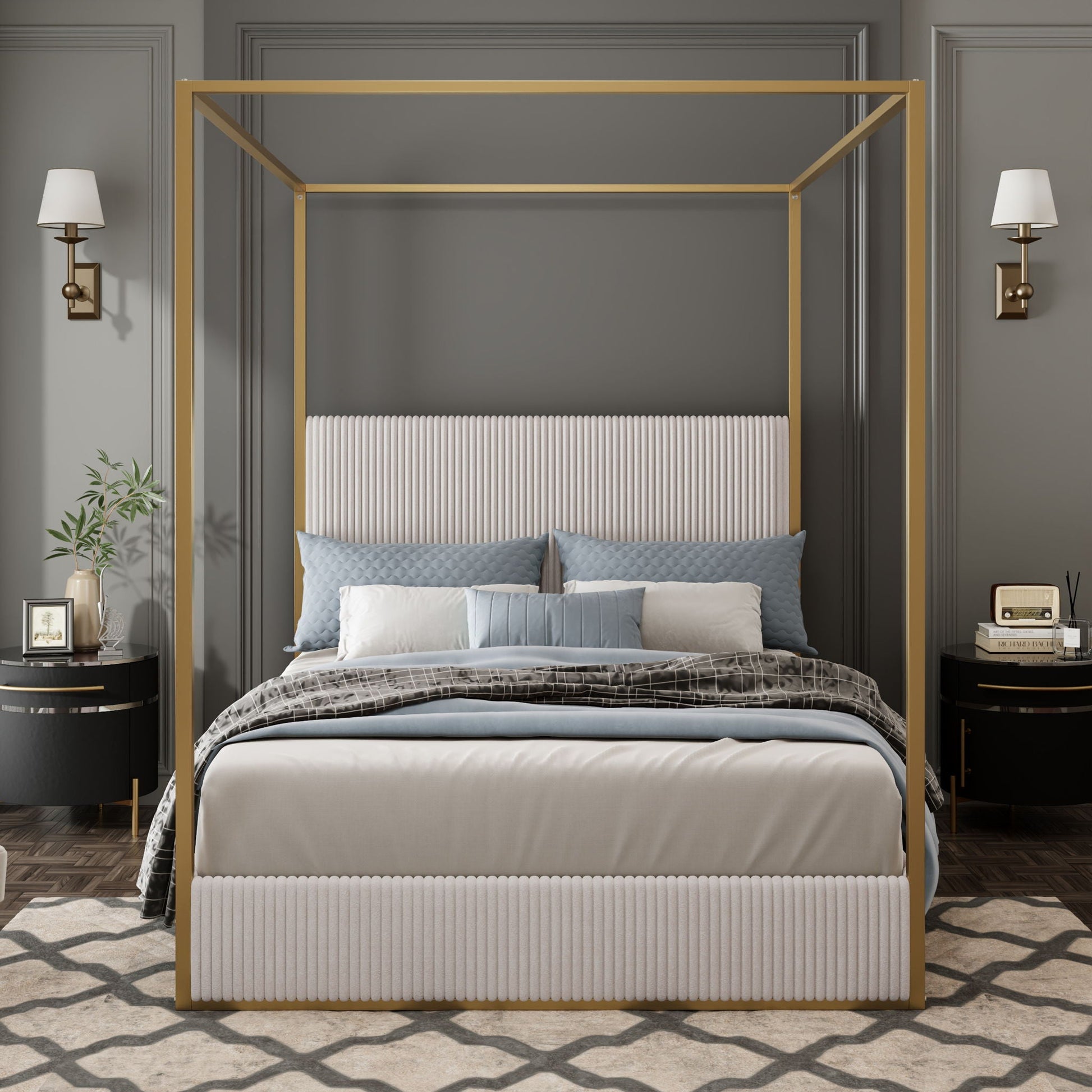 Luxury canopy bed with upholstered headboard, gold metal frame and grey bedding on Tampa Home & Garden Store