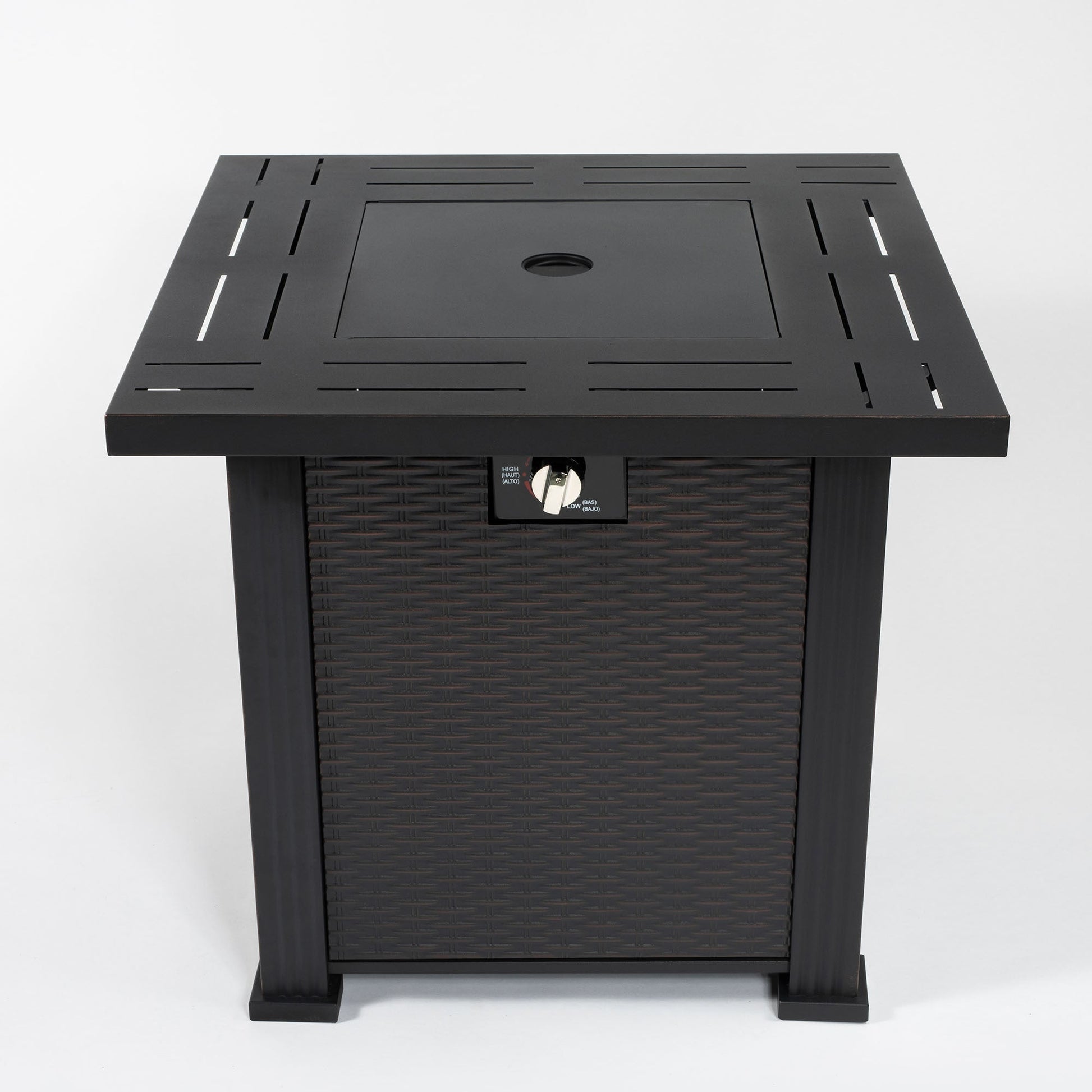 HouseOfZazla 28-inch propane gas fire pit table with 50,000 BTU burner, square black steel top on Tampa Home & Garden Store