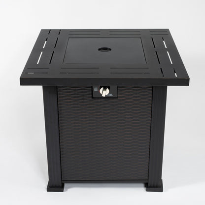 HouseOfZazla 28-inch propane gas fire pit table with 50,000 BTU burner, square black steel top on Tampa Home & Garden Store