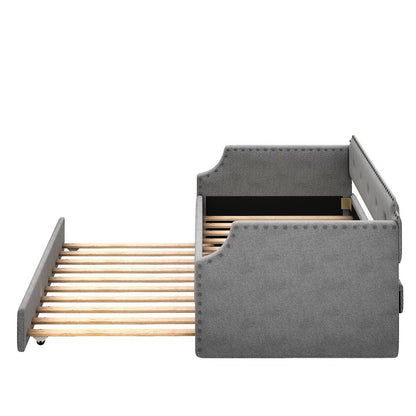Upholstered daybed with trundle by HouseOfZazla in grey fabric, nailhead trim, wood slat base on Tampa Home & Garden Store
