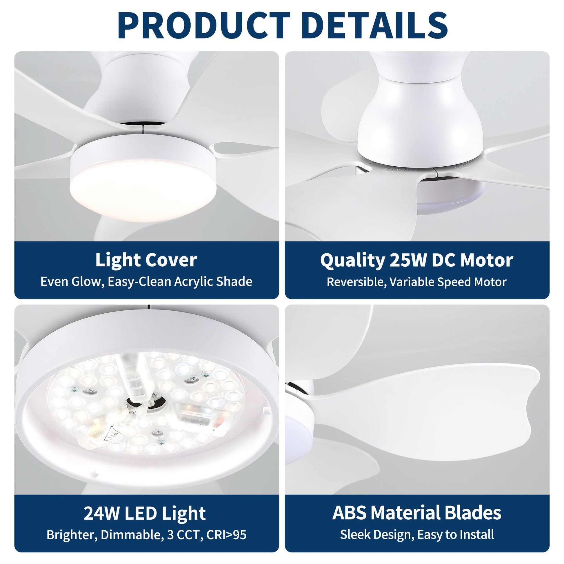 HouseOfZazla white low-profile flush-mount ceiling fan with 4 blades and 24W LED light on Tampa Home & Garden Store