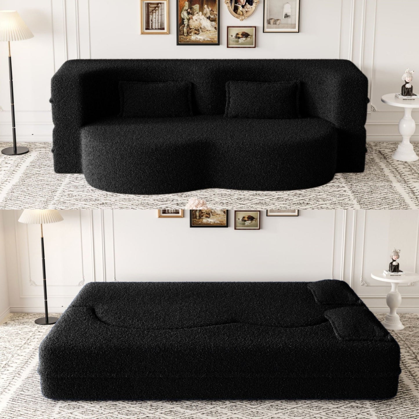Futon sofa HouseOfZazla floor sofa in black teddy fabric with two foam-filled pillows on Tampa Home & Garden Store
