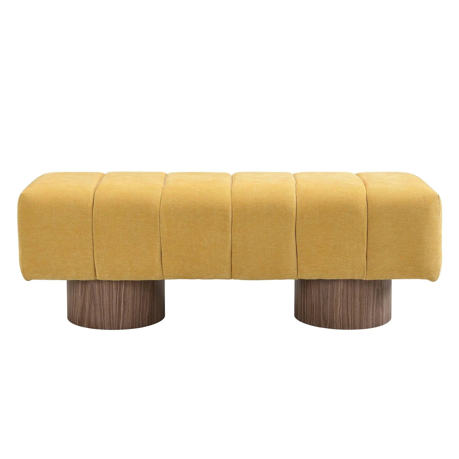 Upholstered yellow fabric dining bench with segmented cushions and wood legs on Tampa Home & Garden Store
