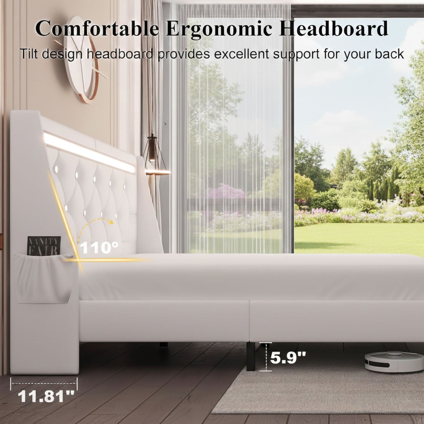 Wingback Upholstered Bed Frame Led and Usb