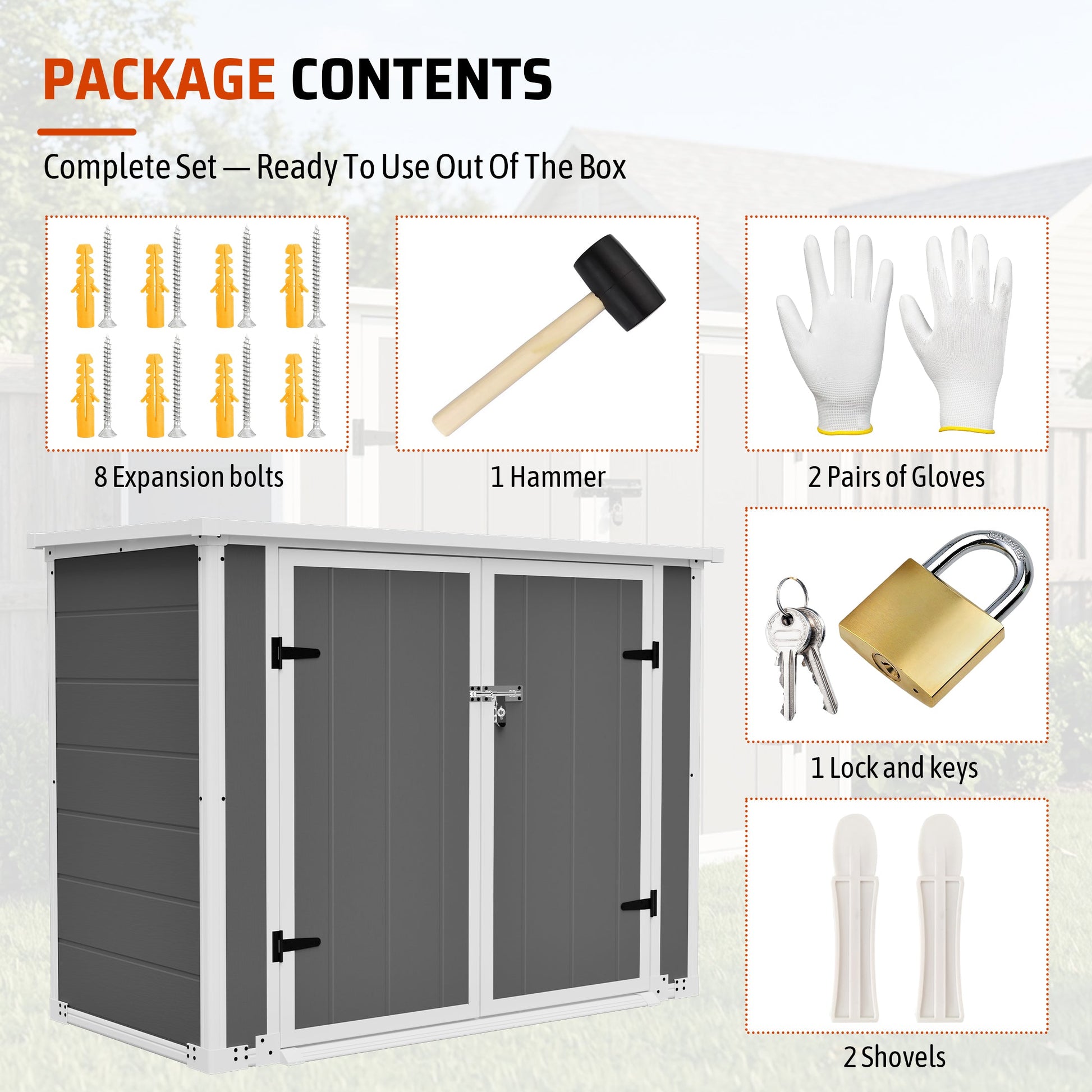 Horizontal outdoor storage shed with ramp lid; 8 bolts, hammer, gloves, lock & keys, 2 shovels on Tampa Home & Garden Store